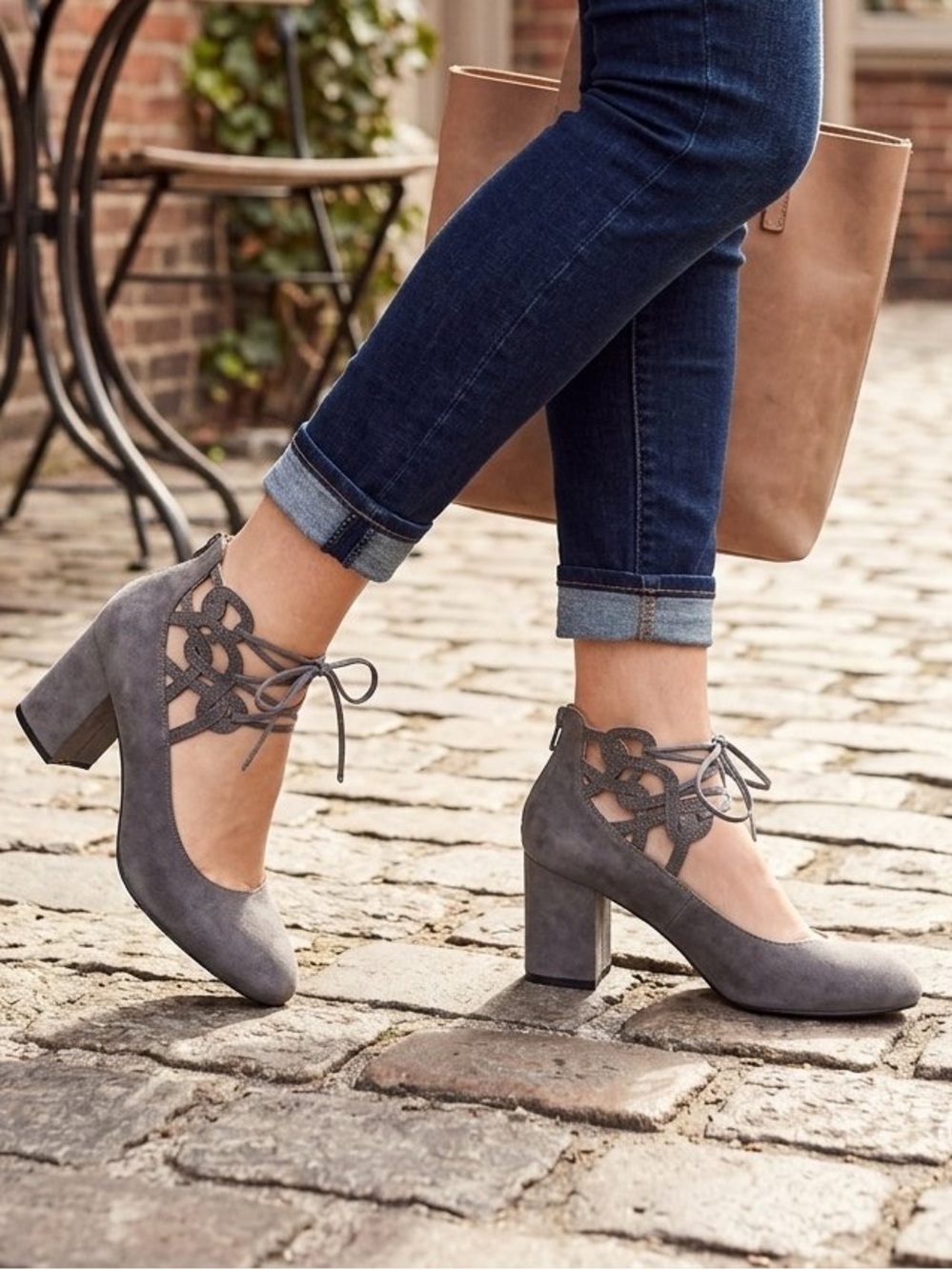 Torrid Gray Faux Suede Lace-Up Lattice Caged Block Heel Pumps - Size 9W